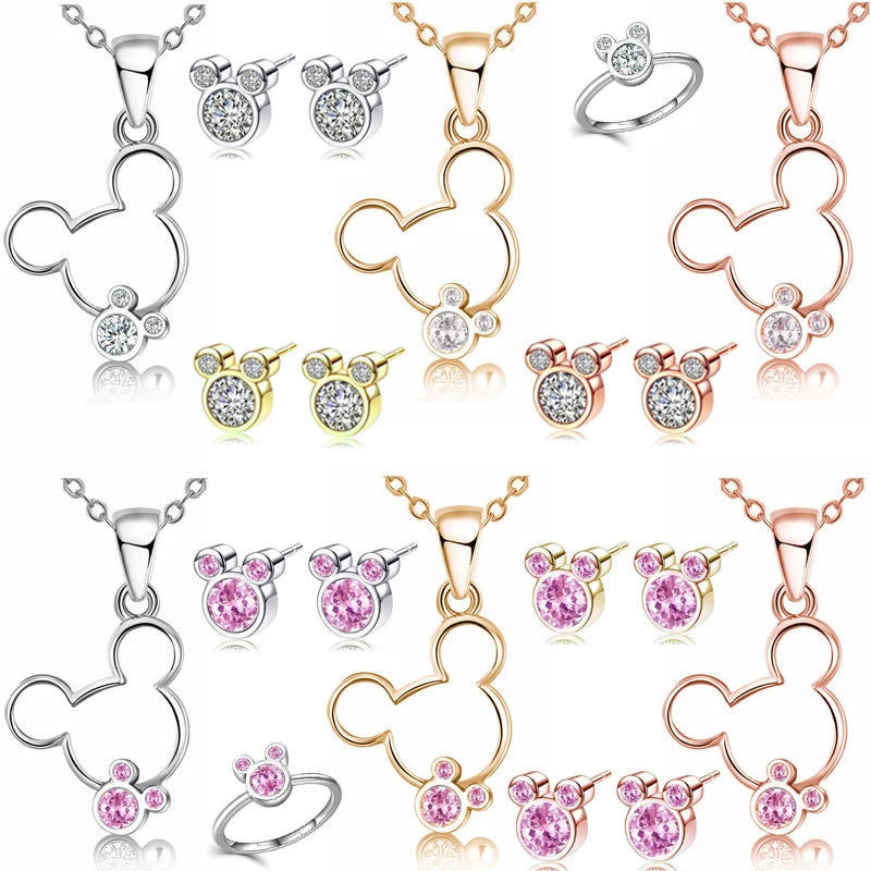 Disney Rose Silver Color Mickey Mouse Necklace for Girls Anime Clear Pink Crystal Minnie Rings Women Jewelry Kids Birthday Gifts