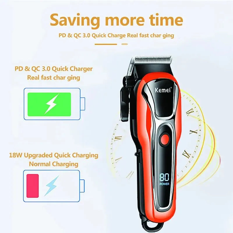 Kemei Electric Trimmer Hair Clipper Professional Rechargeable Electric Shaver with LCD Display Wireless Beard Trimmer