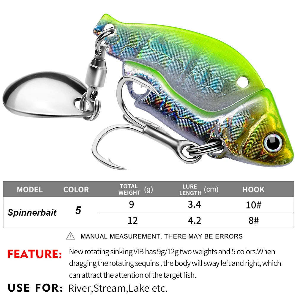 YUCONG 1PC Metal Spinnerbait 9g-12g Trolling Fishing Lure VIB Wobbler Sinking Spoon Swimbait With Sequin Rotating cebo duro Isca