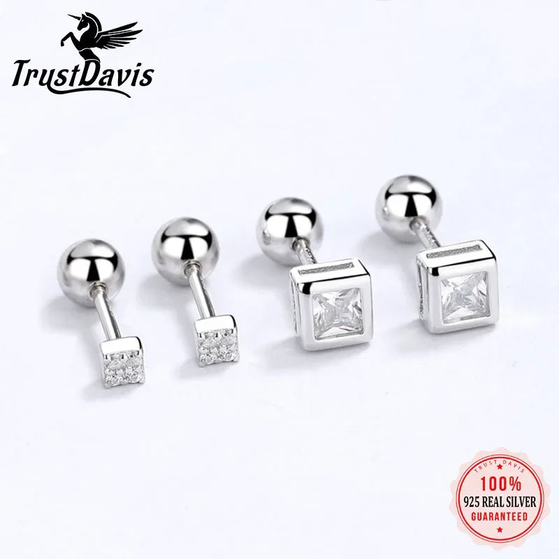 TrustDavis Real 925 Sterling Silver Fashion Square CZ Beads Screw Earring For Women Wedding Party Fine Minimalist Jewelry DB1423