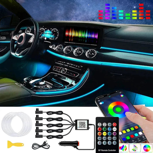 6IN1 8M RGB LED Atmosphere Car Interior Ambient Light Fiber Optic Strips Light by App Control Neon LED Auto Decorative Lamp