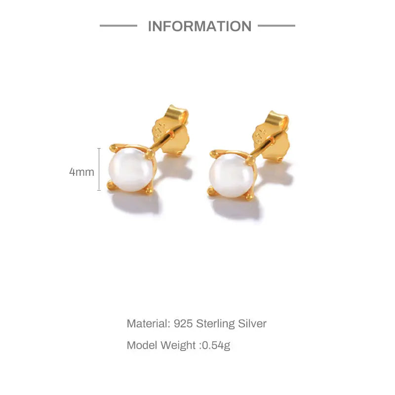 CANNER  4 5 6 8mm Pearl 925 Sterling Silver  Earring For Women Stud Earrings Piercing Oreille 18K Gold Fine Jewelry Mom Gift