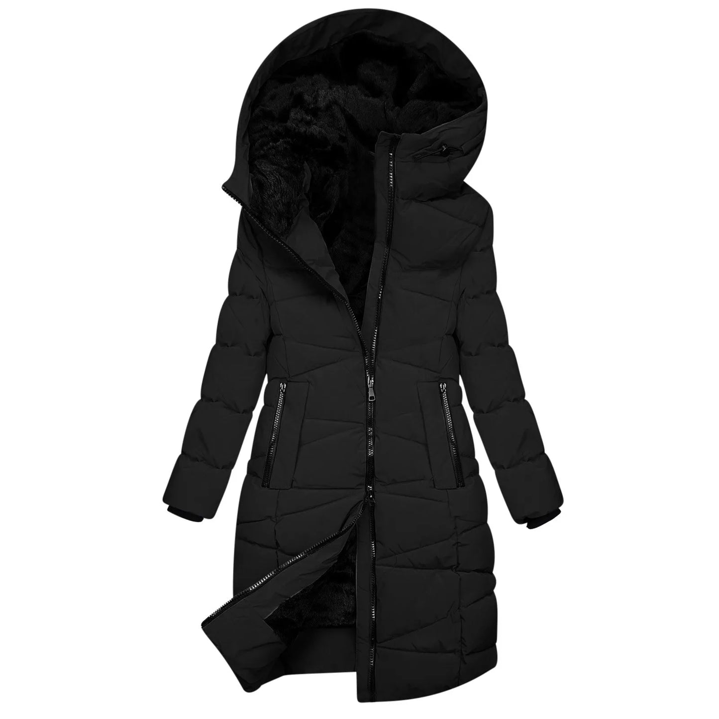Hooded Cotton-Padded Jacket Warm Winter Coats For Women Windproof Down Quilted Long Jacket With Zipper Wool Coat For Women