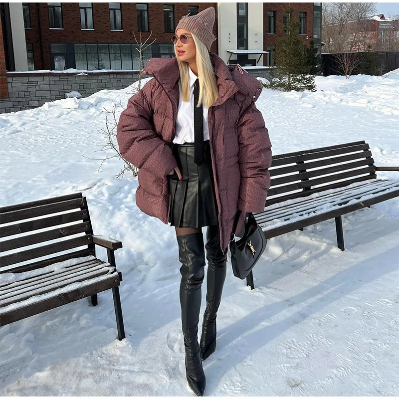 Print Puffy Women Winter Coats Casual Hooded Zipper Pocket Parkas Padded Jackets Vintage Lightweight Lady New In Outerwear