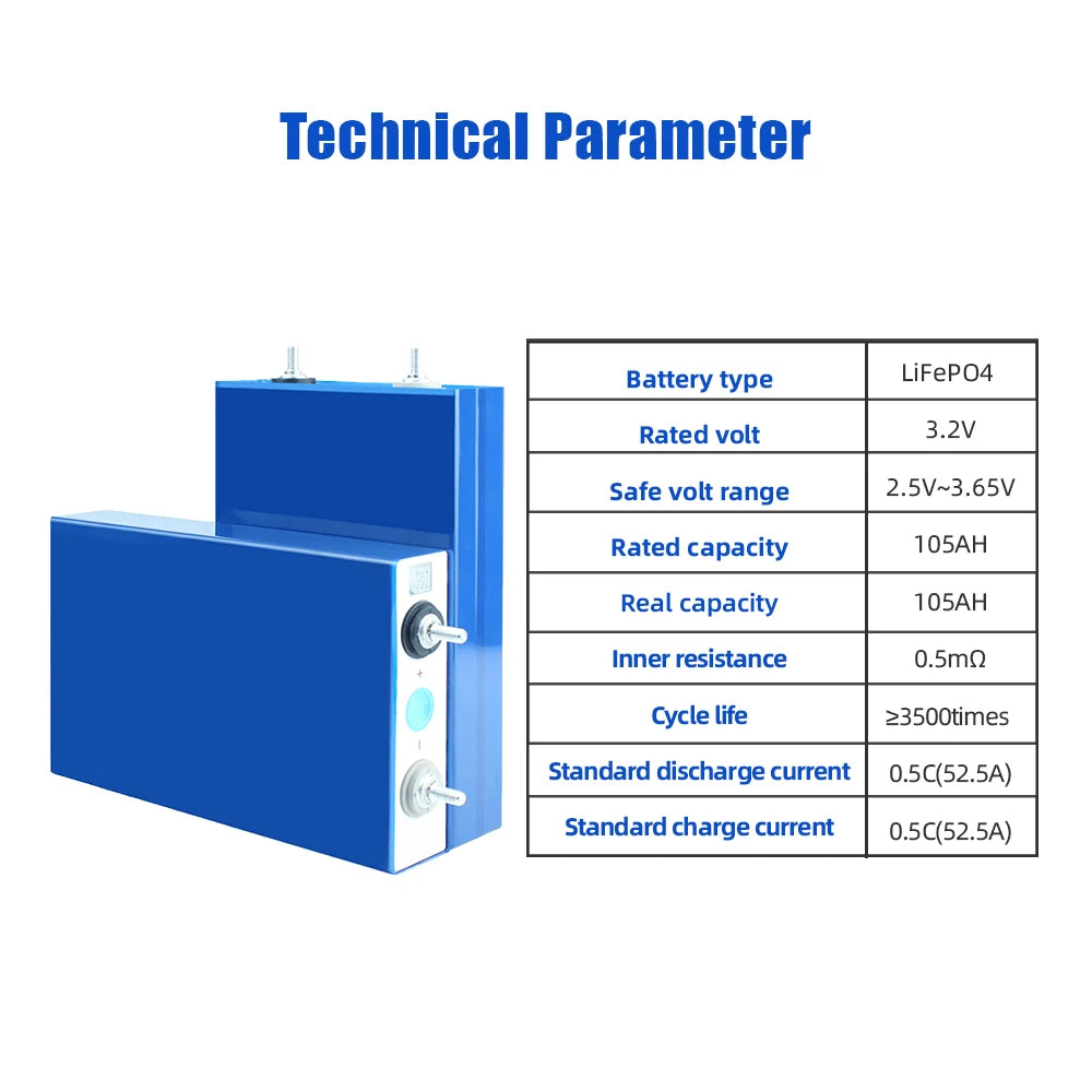 Grade A 3.2V 105AH LiFePO4 Battery EVE Rechargeable Cell Free Busbar In Stock For DIY 12V 24V 48V Lithium Battery Pack FREE TAX