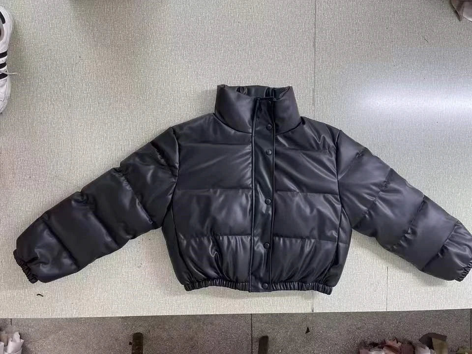 Winter Thick Warm Cropped Puffer Jacket Women Black PU Leather Parkas Elegant Zipper Coat Cotton Padded Punk Outwear 2023