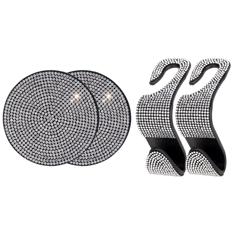 4 pcs/set Car Interior Accessories Multifunction Diamond Auto Seat Back Hooks Non-slip Coaster Universal Car Hook Water Cup Mat