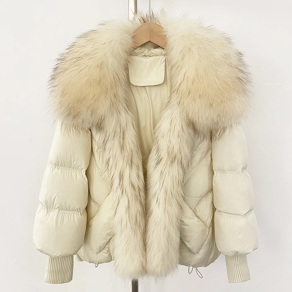 Puffer Coat Women Knit Sleeve Real Fur Coat New Winter Large Real Raccoon Fur White Duck Down Jacket Oversized Feather Parka