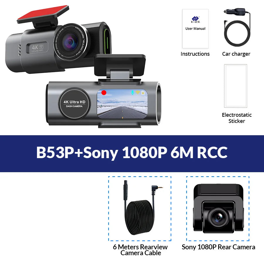Dash Cam Car Camera Dual Lens 4K UHD Recording DVR Night Vision Video Recorder Built-In Wi-Fi Support GPS 24H Parking Car Camera