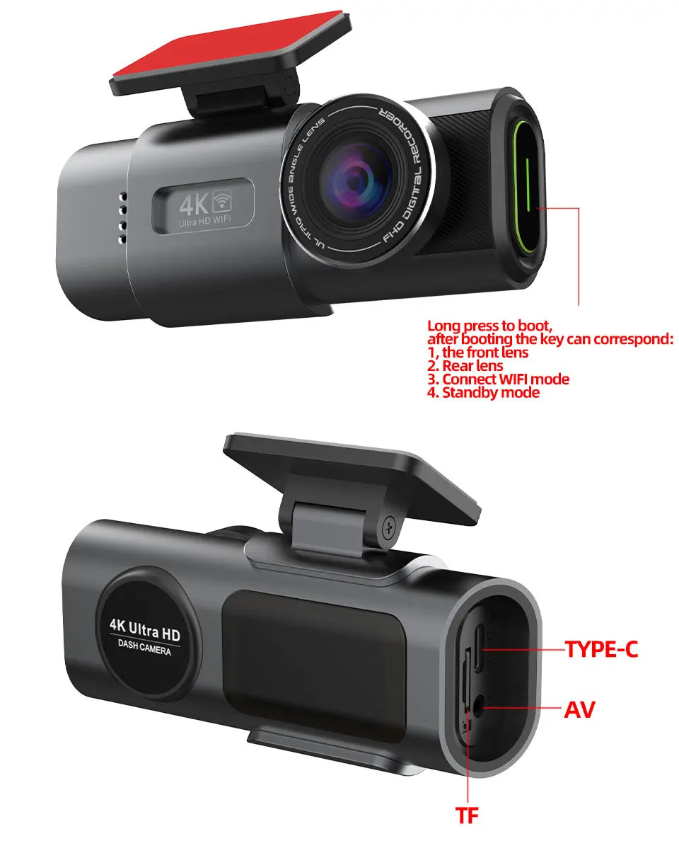 Dash Cam Car Camera Dual Lens 4K UHD Recording DVR Night Vision Video Recorder Built-In Wi-Fi Support GPS 24H Parking Car Camera
