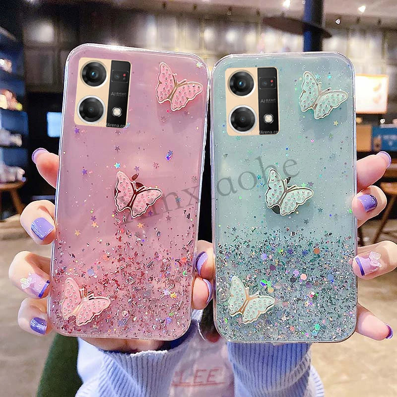 Phone case for OPPO Reno7 4G butterfly Soft Transparent Bling Glitter cover Reno 7 4G