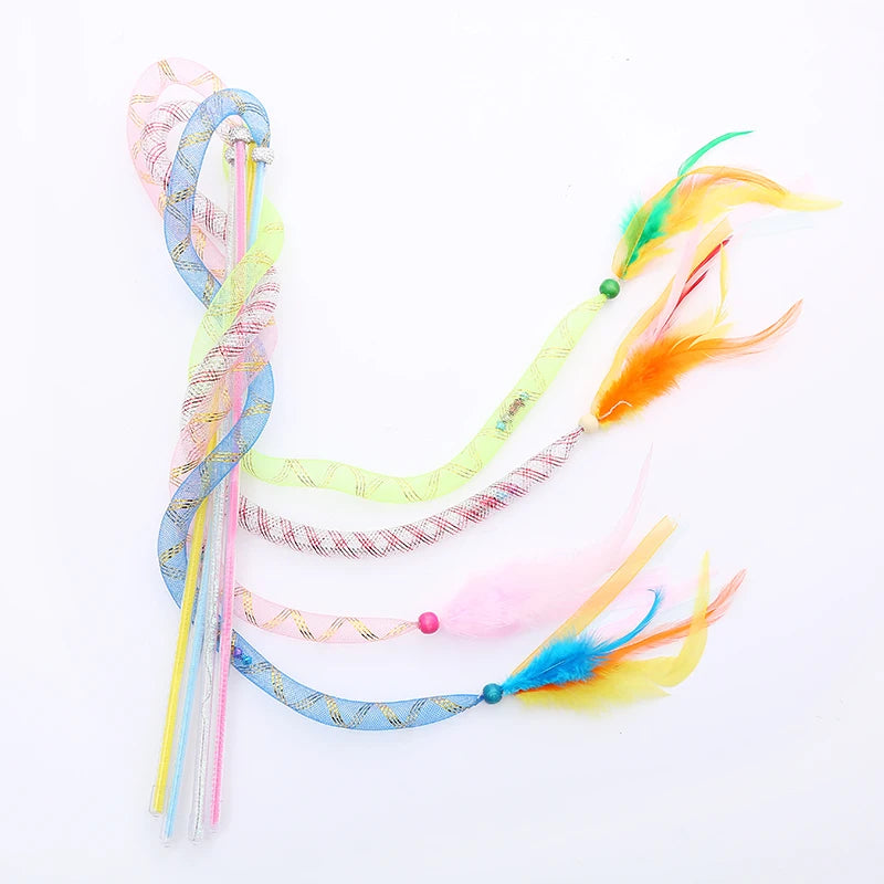 Cat toy Colored hose with feather teasing cat stick interactive play pet supplies