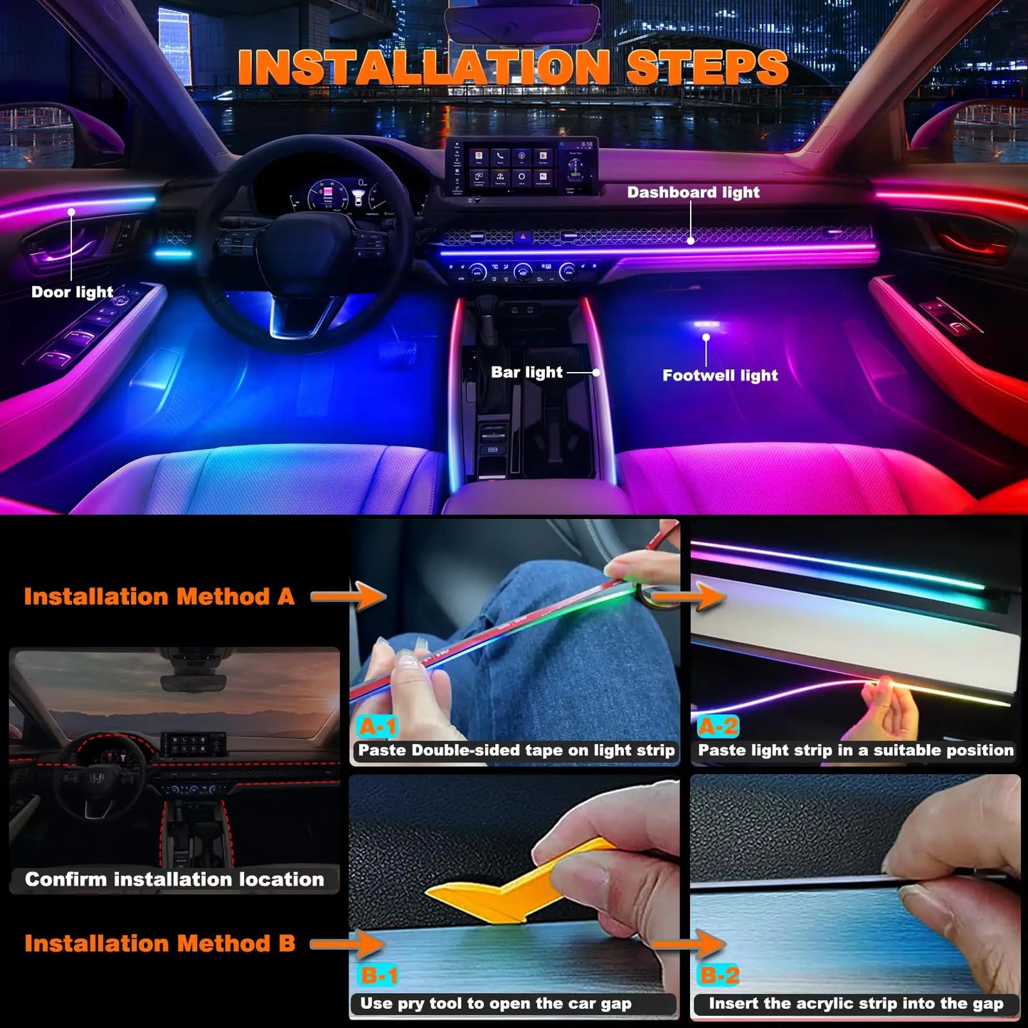 Universal Symphony Car Ambient Lights LED Interior RGB Streamer Atmosphere Lamp USB APP Control Remote for Tesla Model 3 Y S X