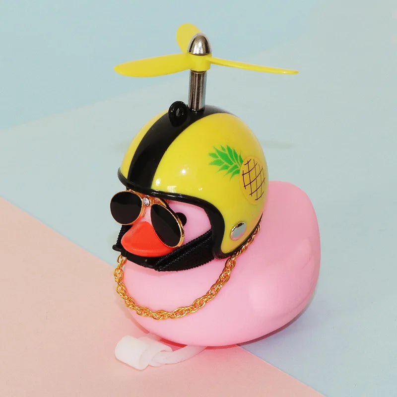 High Quality Pink Rubber Duck Bike Ornament with Sunglasses, gold Chain, propeller for Car Dashboard Bicycle Motorcycle Helmet