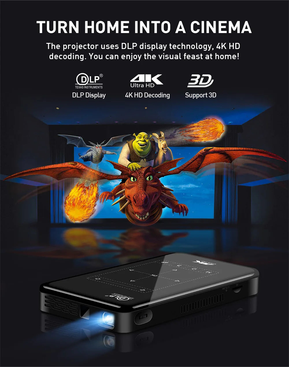 Mini Portable Projector Home Theater 4K 3D DLP Android Smart Ceiling Car Outdoor Wifi Bluetooth Mobile Battery Rechargeable LED