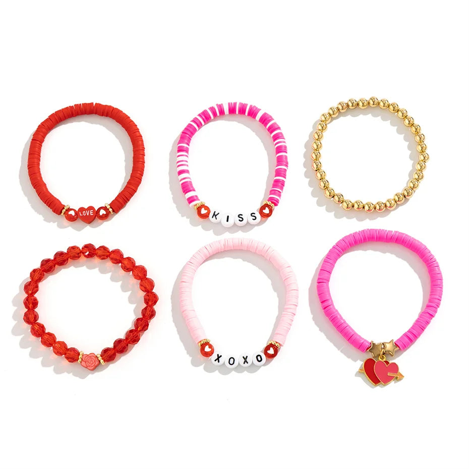 Happy Valentine's Day Card Colorful Polymer Clay Soft Chain Bracelets for Women Kpop Two Heart Bangles Couple Friends Jewelry