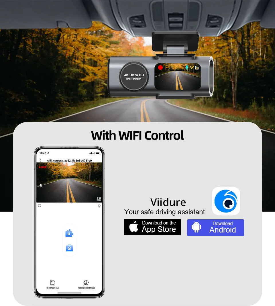 Dash Cam Car Camera Dual Lens 4K UHD Recording DVR Night Vision Video Recorder Built-In Wi-Fi Support GPS 24H Parking Car Camera