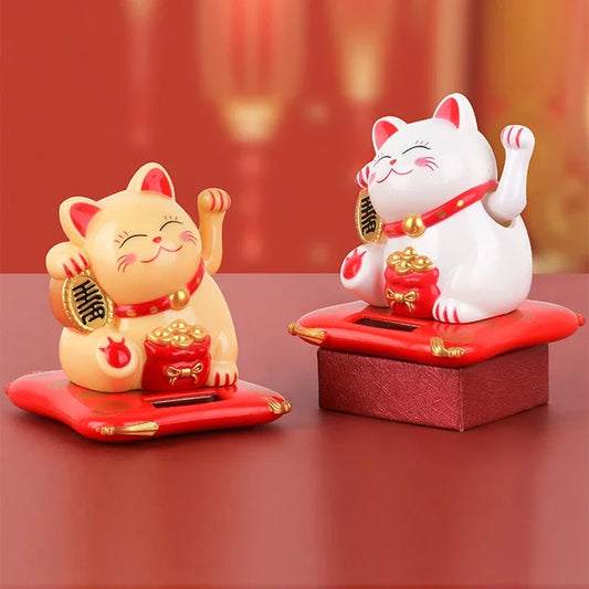 Solar Powered Maneki Neko Lucky Cat Welcoming Chinese Lucky Cat Waving Hand Beckoning Fortune Cat Figurines For Home Decor