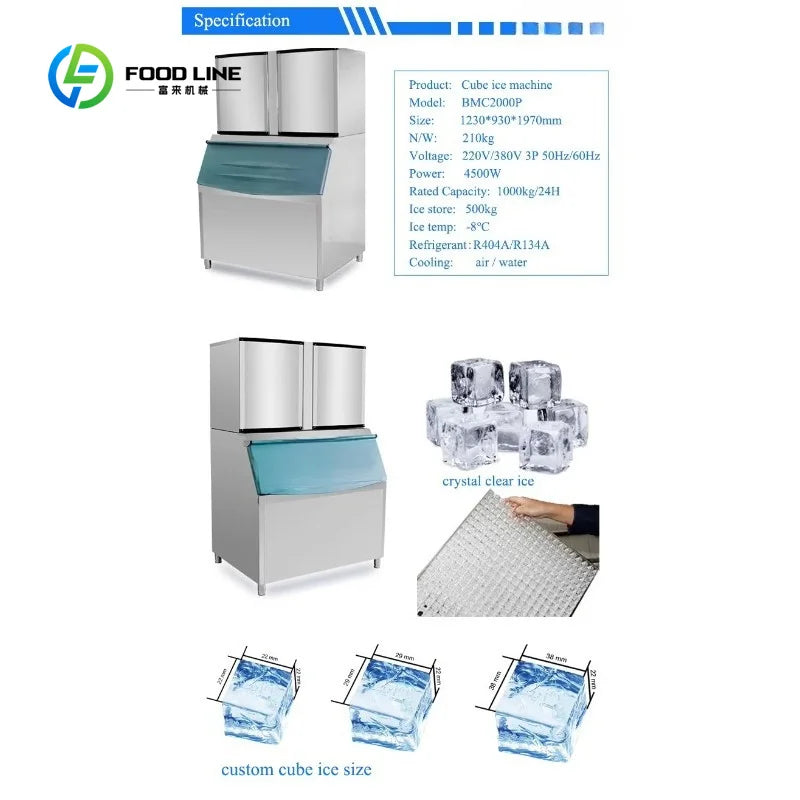 Customized Commercial Ice Machine 1000kg /24h Cube Ice Machine Sold Ice Machines for Use in Bars Hotel Milk Tea Shops