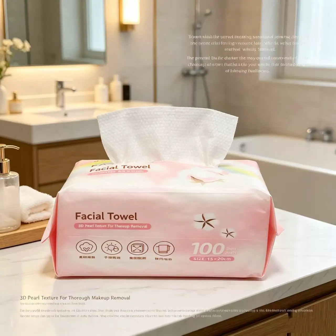 100 reusable, thick, pearl-patterned face towels. A cleaner alternative to regular towels, suitable for both dry and wet use.