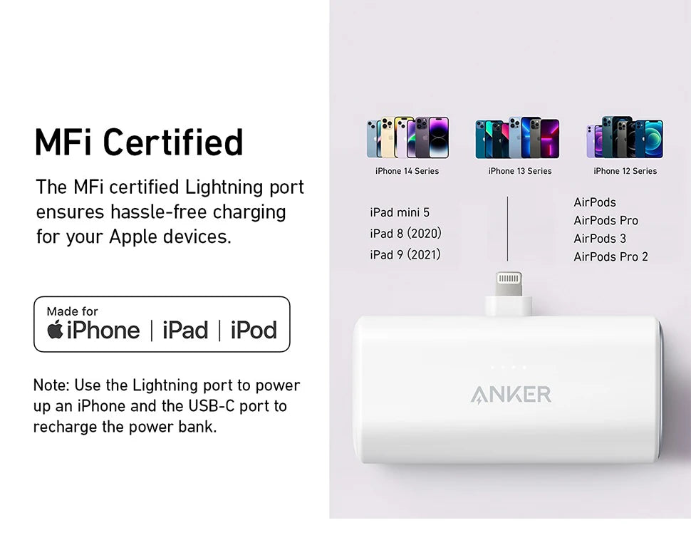 Anker 621 Powerbank 5,000mAh 12W Portable Charger with Built-in Lightning Connector Battery Pack Compatible with iPhone 14