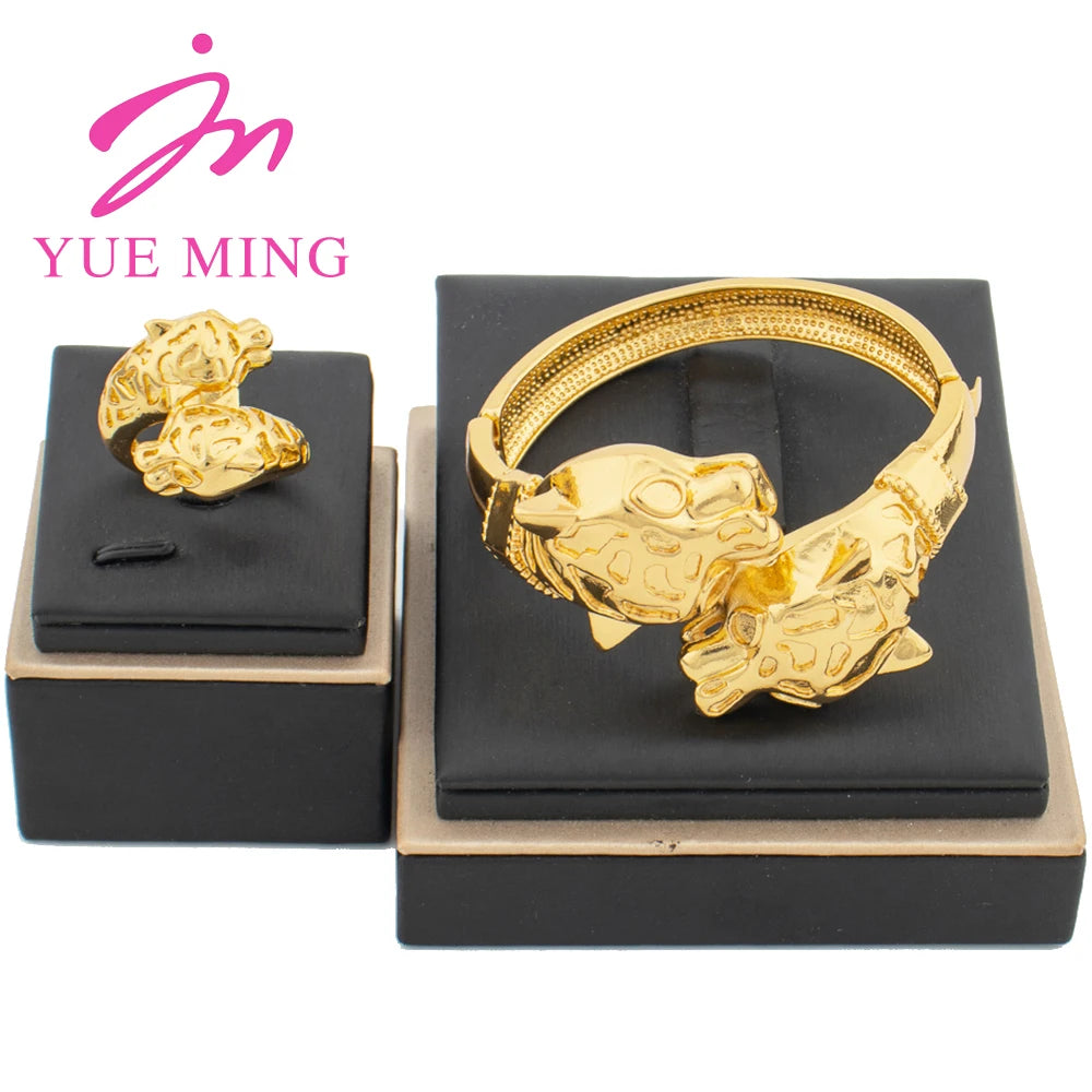 2PCS Jewelry Sets Charm Cuff Bangle with Ring Wedding Party Leopard Bracelet Women Dubai Gold Color Adjustable Ring Jewelry Gift