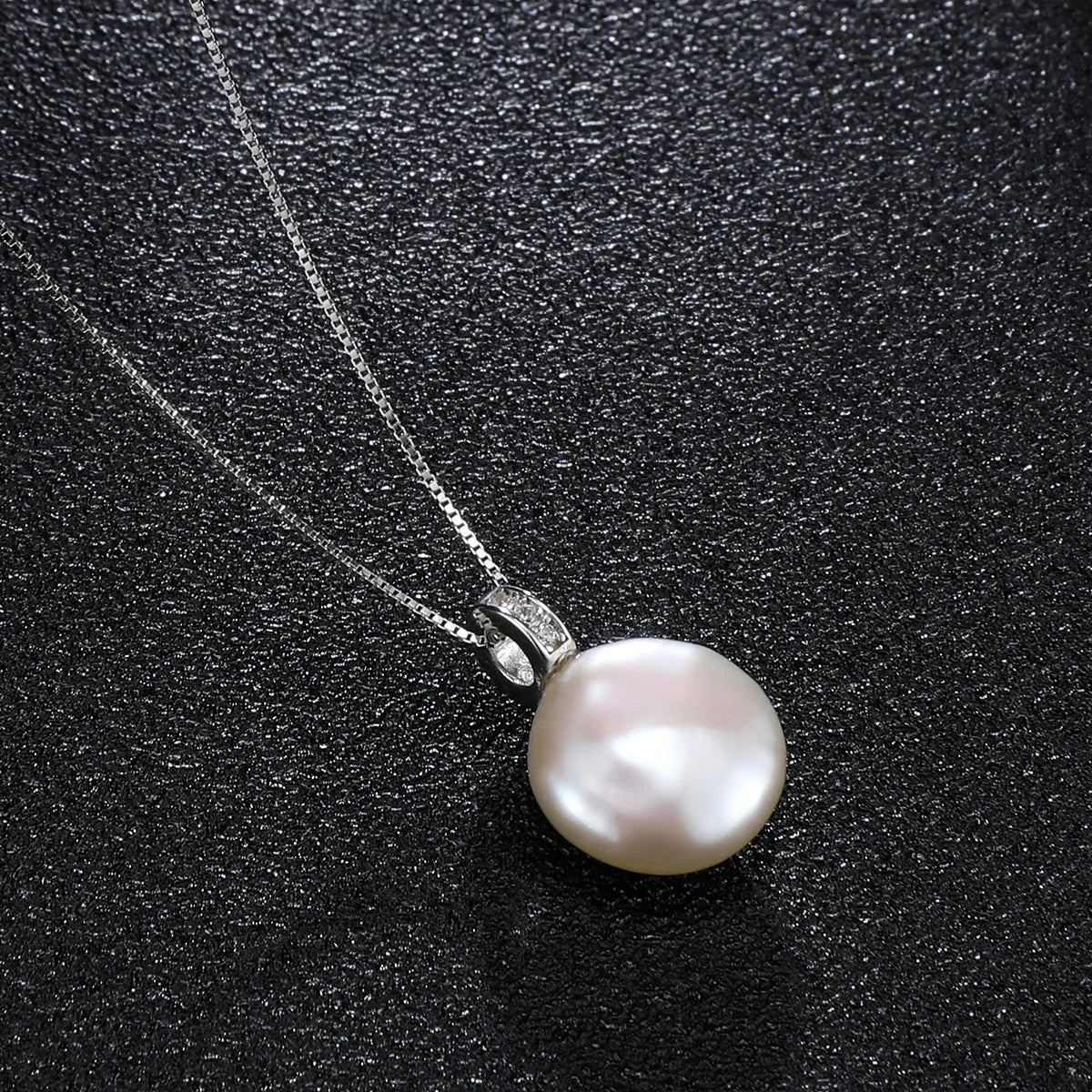 HENGSHENG Simple 12-13mm Freshwater Big Button Shape White Pearl 925 Sterling Silver Pendant Necklace For Women Girls Jewelry