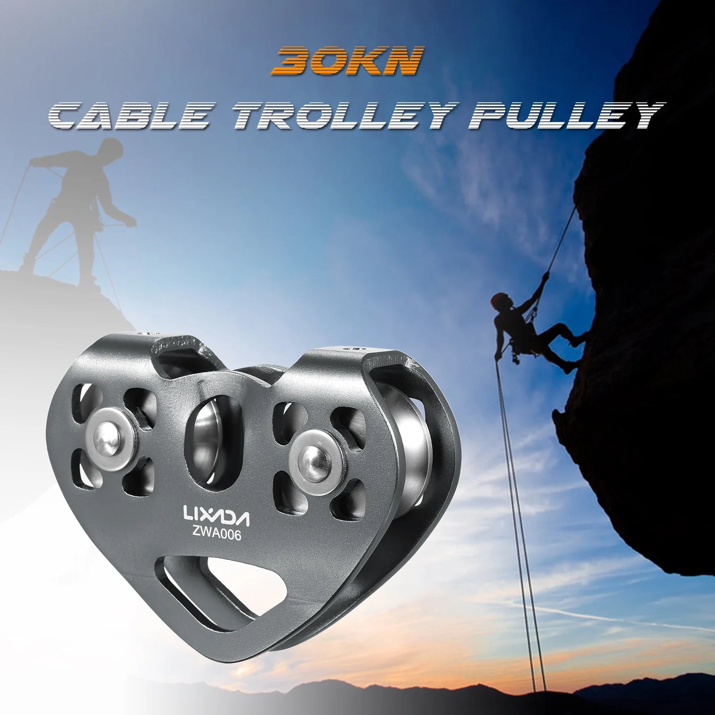 Lixada 30kN Cable Trolley Pulley with Ball Bearing Outdoor Rock Ice Climbing Accessories Caving Rescue Aluminum Alloy Pulley