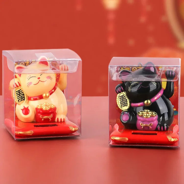 Solar Powered Maneki Neko Lucky Cat Welcoming Chinese Lucky Cat Waving Hand Beckoning Fortune Cat Figurines For Home Decor