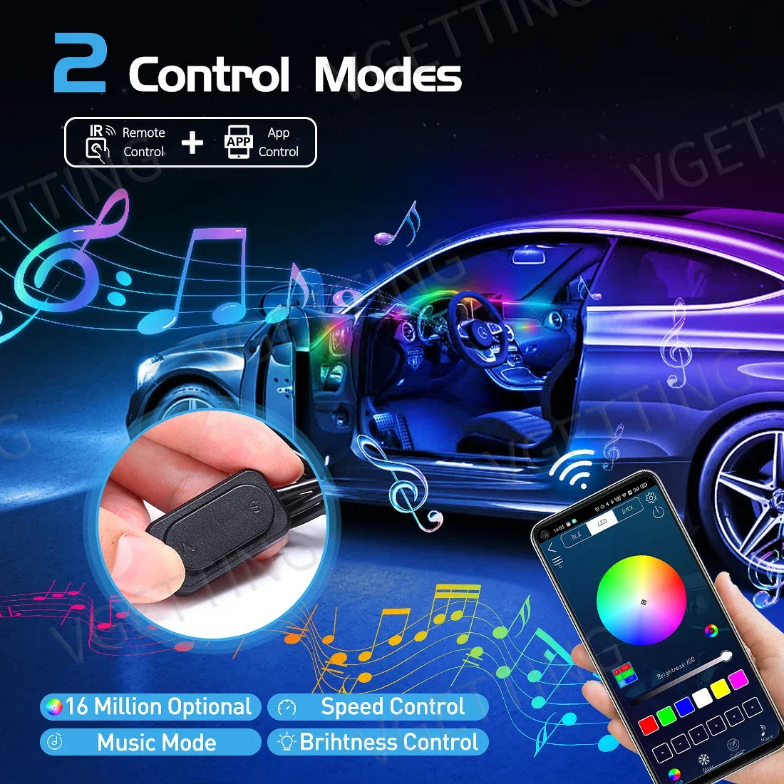 Vgetting 18 in 1 Car Ambient Lights Symphony LED Interior Acrylic Strips Atmosphere Light Button APP Control RGB 64 Colors 12V