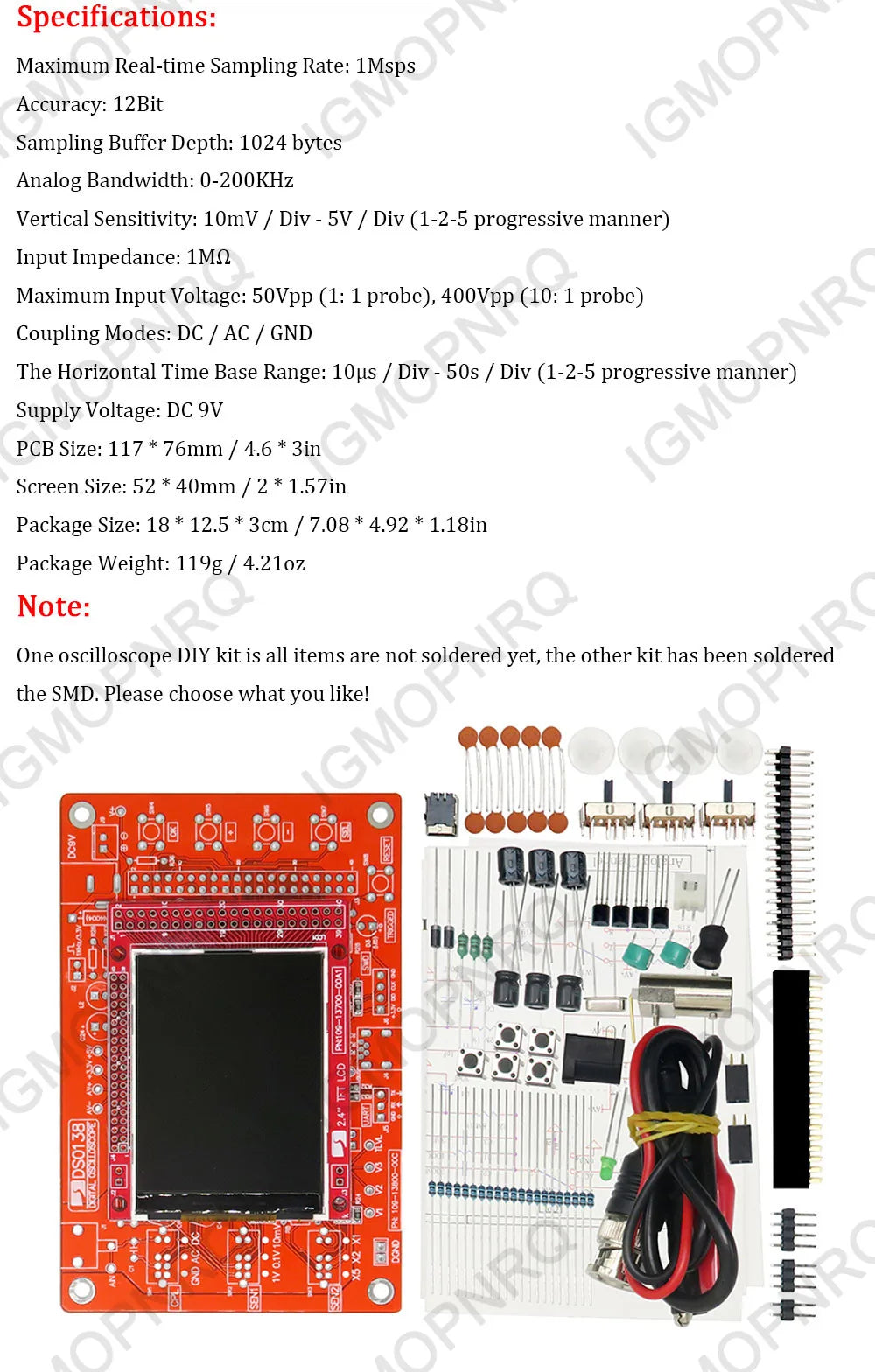 1PCS DSO138 2.4" TFT Digital Oscilloscope Kit DIY 200KHz Tester 1Msps Bandwidth Probe Electronic Production Suite