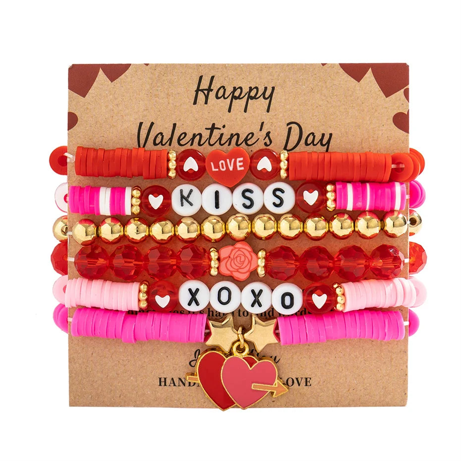 Happy Valentine's Day Card Colorful Polymer Clay Soft Chain Bracelets for Women Kpop Two Heart Bangles Couple Friends Jewelry