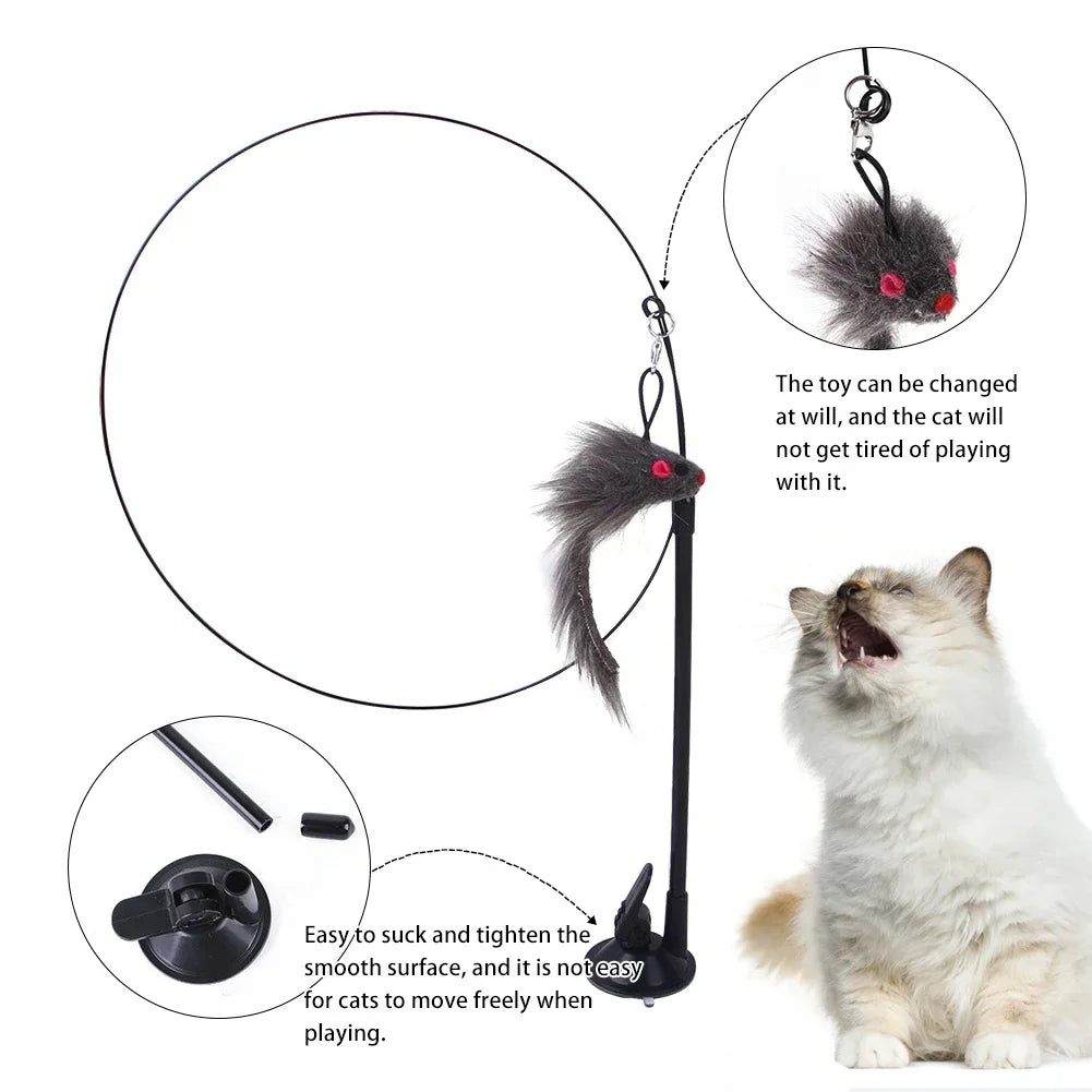 Interactive Cat Toy Funny Simulation Feather Bird with Bell Cat Stick Suction Cup Toy for Kitten Playing Teaser Wand Toy