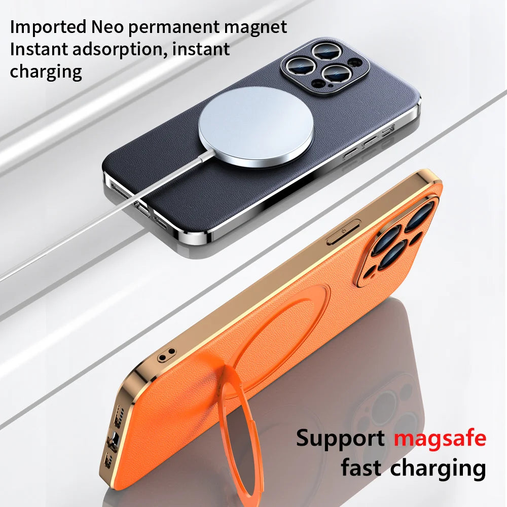LANGSIDI leather Magnetic Ring Holder phone case For iPhone 15 13 12 14 Pro Max Wireless Charging lens Protective magsafe cases