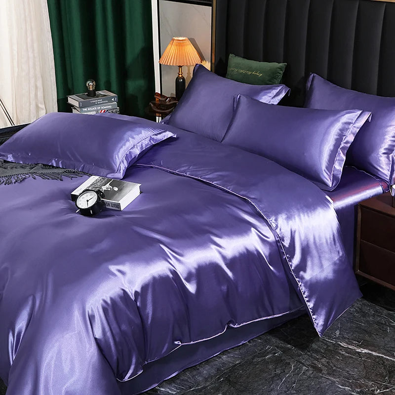Silk Bedding Set with Duvet Cover Fitted/Flat Bed Sheet Pillowcase Luxury Satin Bedsheet Solid Color King Queen Twin Size