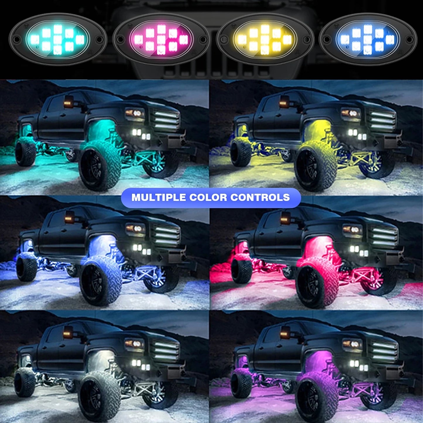 6/8/12pcs-in-1 9LED Car Trunk LED Rock Light 12V RGB Exterior Atmosphere Light Car Bottom Light Lamp Support Remote APP Control