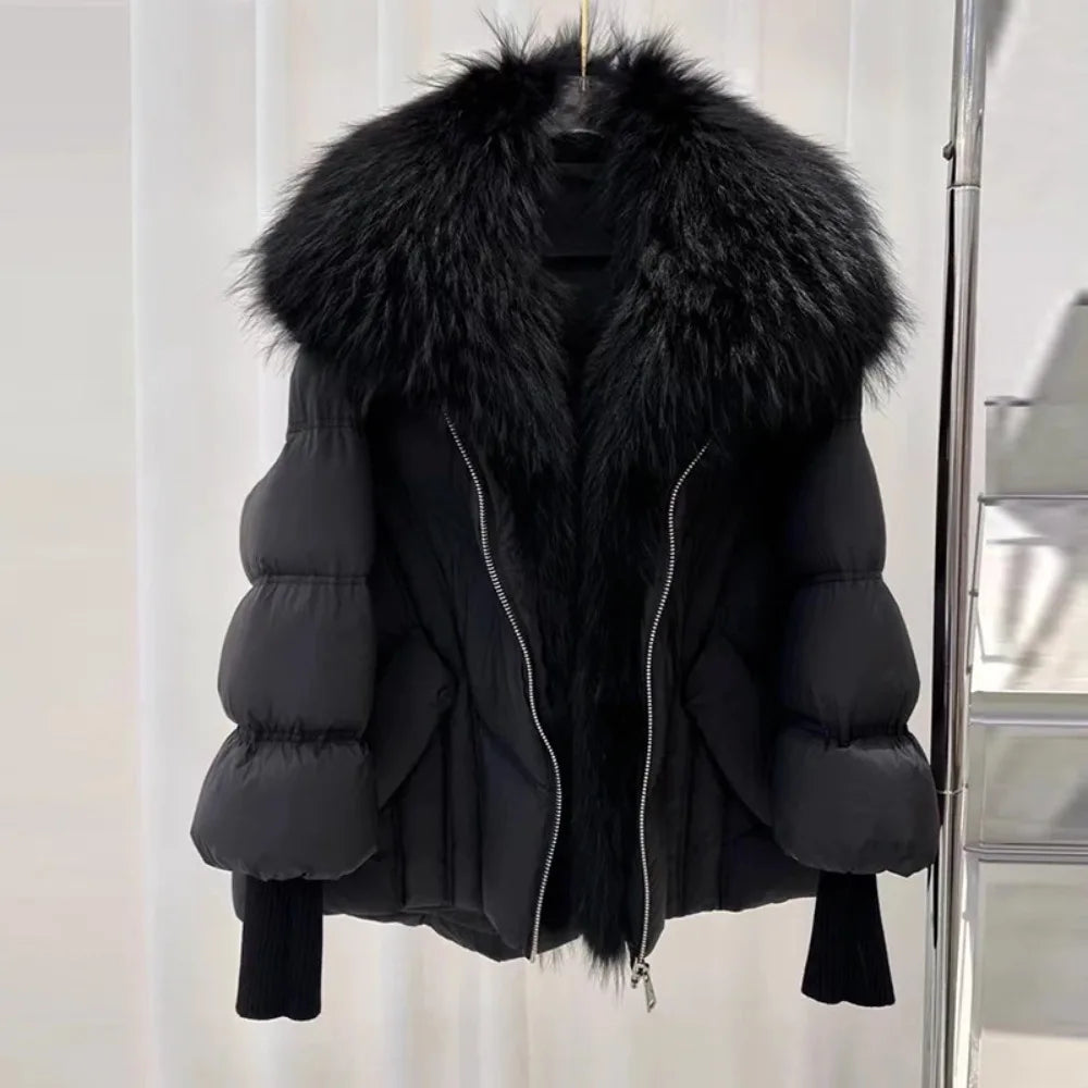 Puffer Coat Women Knit Sleeve Real Fur Coat New Winter Large Real Raccoon Fur White Duck Down Jacket Oversized Feather Parka
