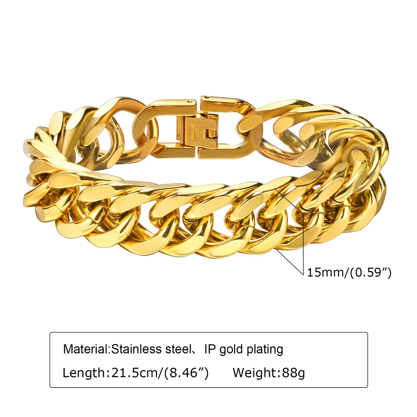 Wholesale Link Men Gold Color Cuban Chain Bracelet, 8/10/12/15mm Wide Waterproof Stainless Steel Link Wristband Gift Jewelry