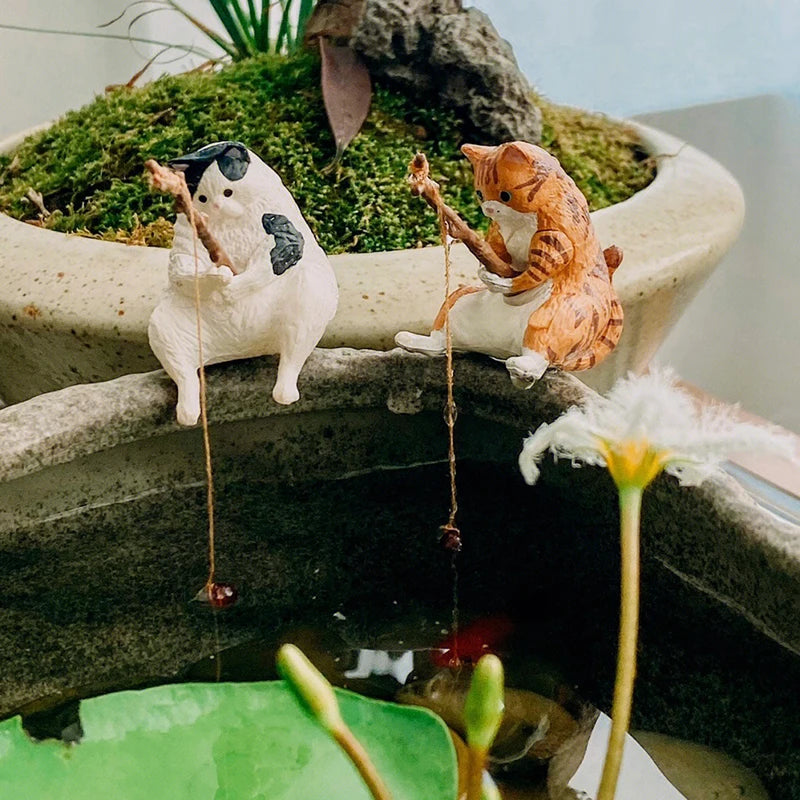 Fishing Cat Fish Tank Decoration Cartoon Fish Tank Decorated With Cute Fish Landscape Cat Fishing Good Weather Figurines