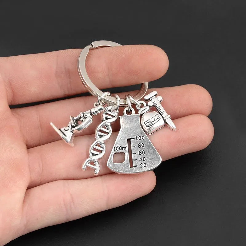 Popular Jewelry Pendant Alloy Keychain Chemical Molecular Microscope Keyring Medical Student Experimental Device Chemistry Gifts