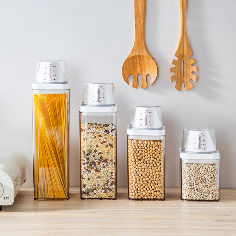 Airtight Food Storage Containers Plastic Organizer Box Cereal Dispenser Grain Storage Tank with Measuring Cup Kitchen Organizer