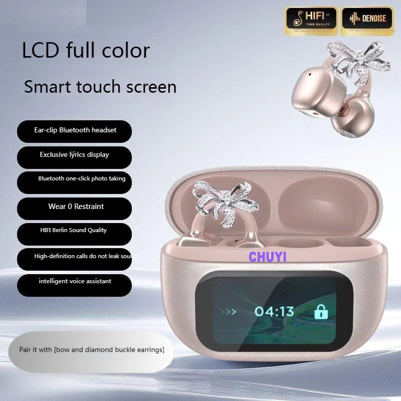 Butterfly Earrings Bluetooth 5.4 Headphone AI Translator Long Battery Life Touch screen Clip on Jewelry Earphones For Girls Gift