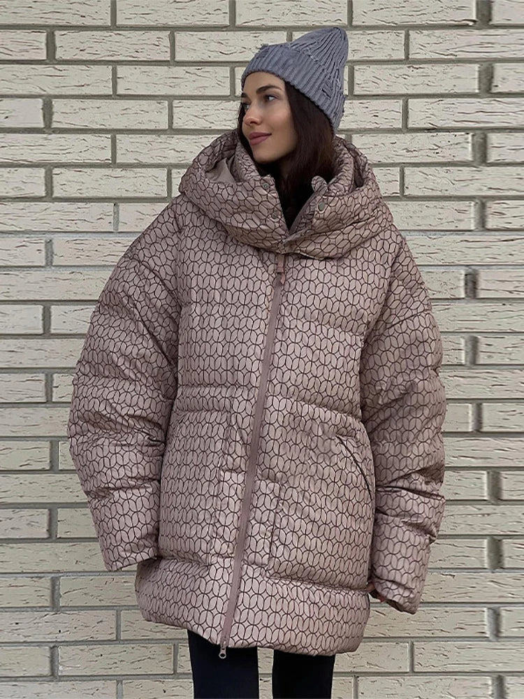 Print Puffy Women Winter Coats Casual Hooded Zipper Pocket Parkas Padded Jackets Vintage Lightweight Lady New In Outerwear