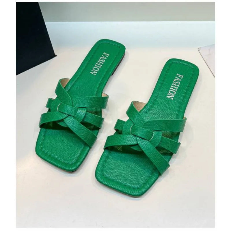 Retro Women Roman Summer Women Slippers Woven Design Flat Heels Squared Toe Soft Bottom Flip Flops Beach Ladies Slides Plus Size