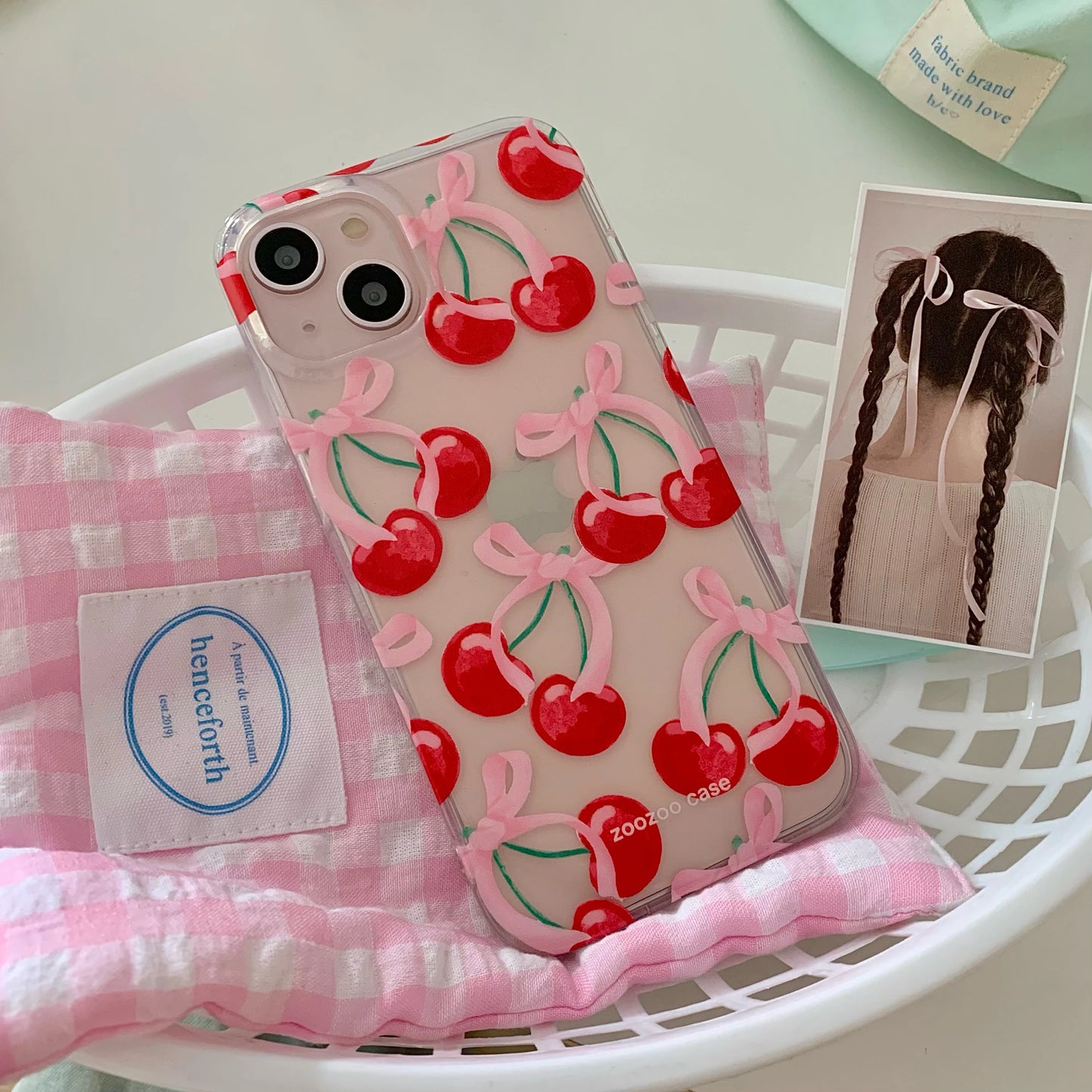 Fruit Pattern Red Cherry Pink Bow Transparent Cover Case For iPhone 15 14 13 12 Pro Max Shockproof Protective Phone Case