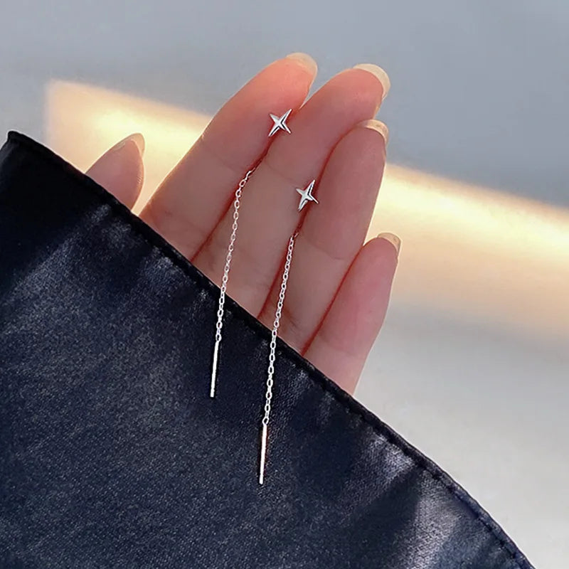 925 Sterling Silver Simple Long Starry Tassels Ear Line Drop Earrings for Women Fine Jewelry Minimalist Accessories