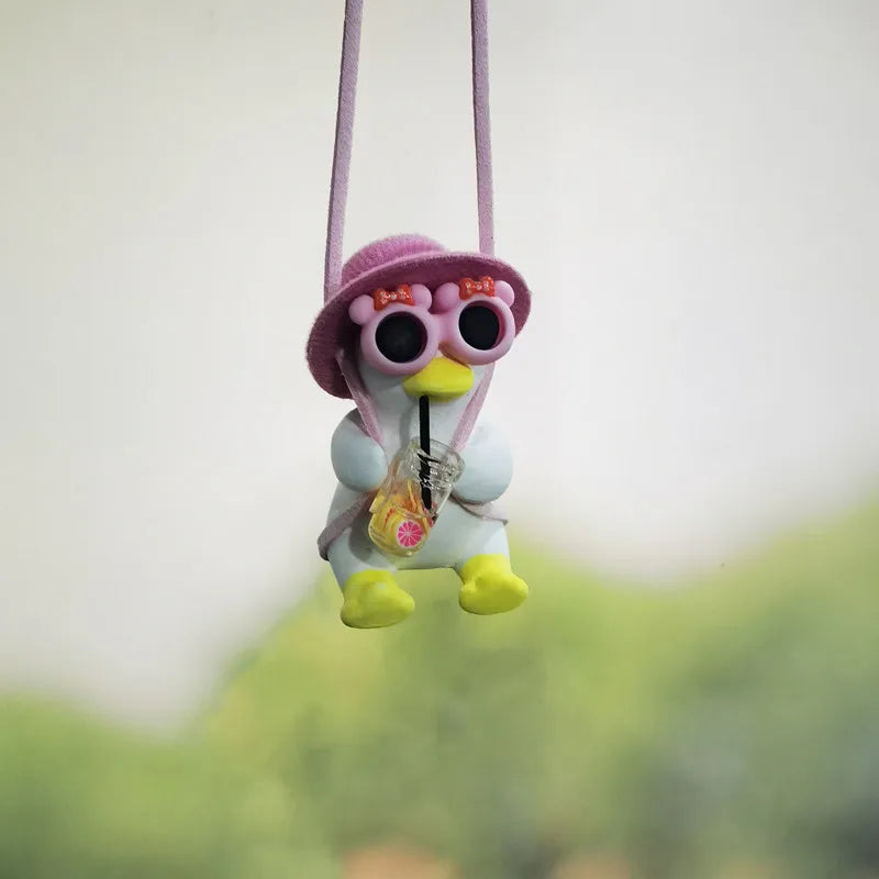 Anime Pink Swing Duck Car Decoration Pendant Cute Auto Rearview Mirror Hanging Ornament For Women Car Ineriror Accessories