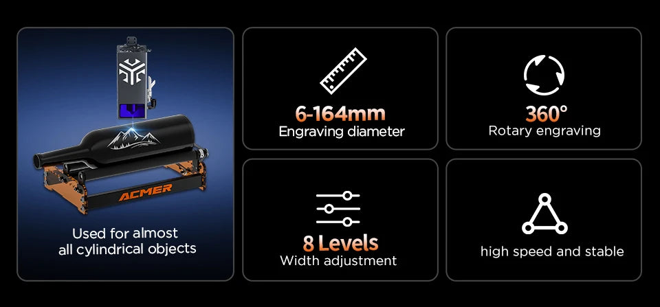 ACMER M3 Rotary Roller for 95% Laser Engraver Y-axis 360° Rotating 6-164mm Engraving Diameter Ideal for Cylindrical Objects