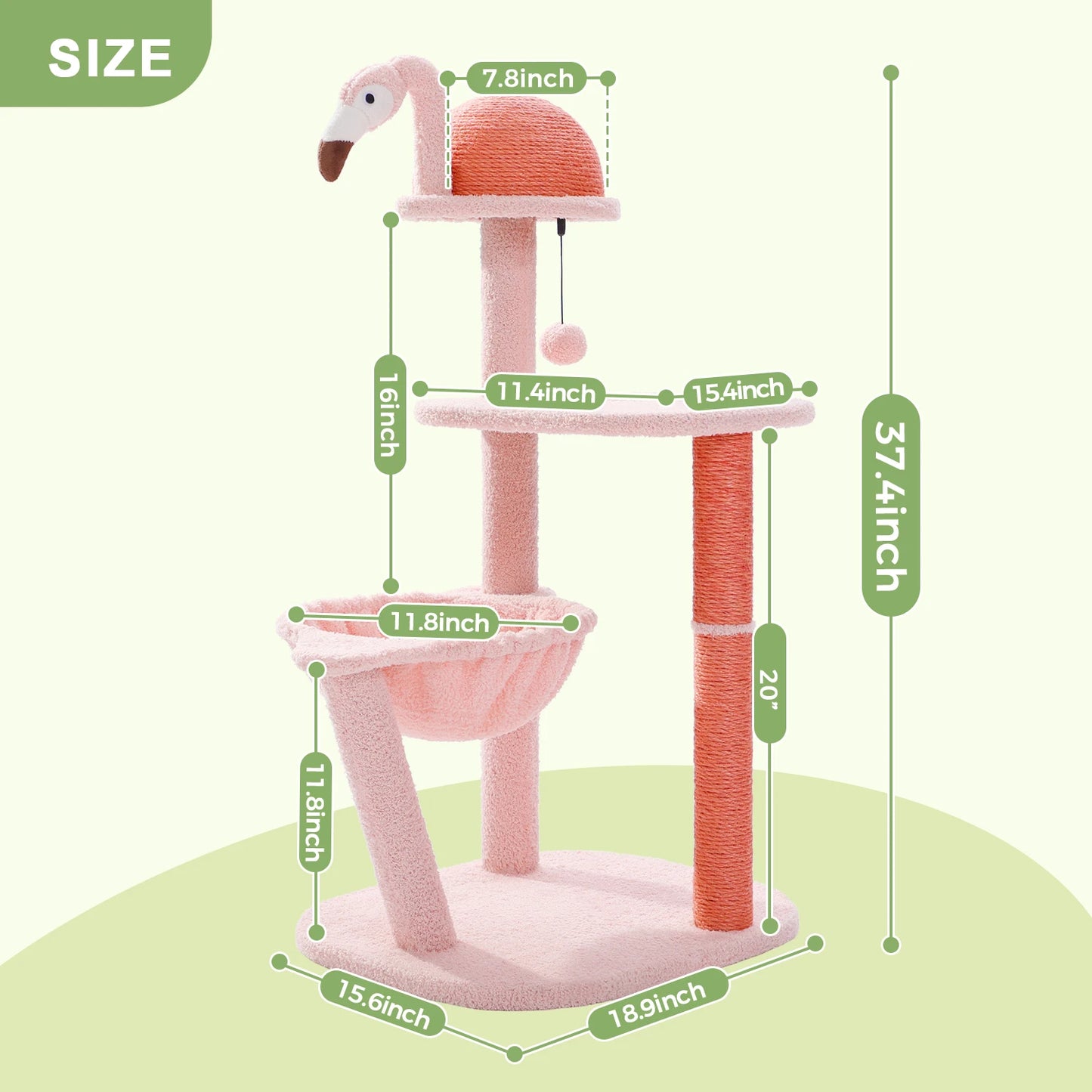 Flamingo Cat Tree Tower Multi-Level for Small to Medium Cats Pink Cat Tree with Scratching Posts Toy Hammock and Perch 37.4''