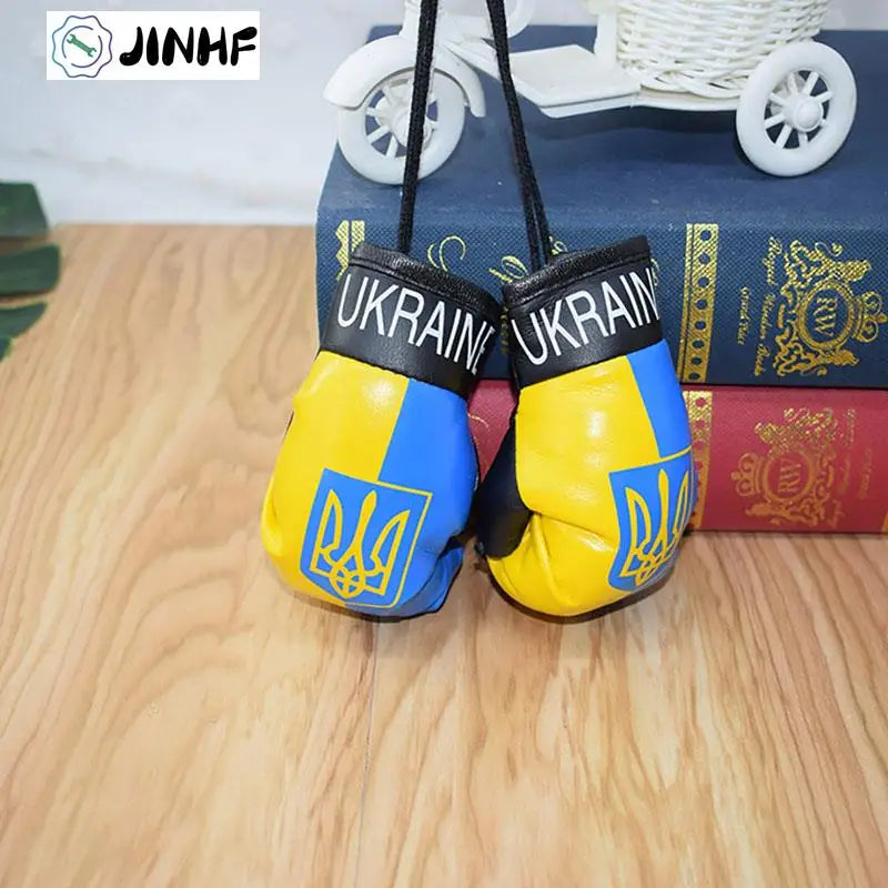 Car Accessories home Decoration 10cm PVC Ukraine National Flag Boxing Gloves Keychains Hanging Mirror Pendant Key Chains